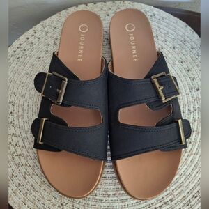Journee Cosette Black Double-Buckle Slide Sandals Size 11.